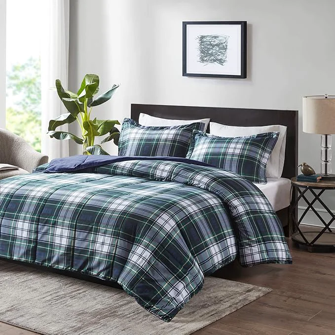 Minimalist Madison Park Essentials Parkston Plaid Comforter Matching Sham 3M Scotchguard Stain Release Cover Hypoallergenic All Season Bedding-Set Full Queen Navy 3 Piece Fine