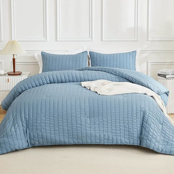 Long-Lasting AveLom Seersucker Queen Comforter Set 90×90 Grayish Blue 3 Pieces – Soft Microfiber Down Bedding Reusable