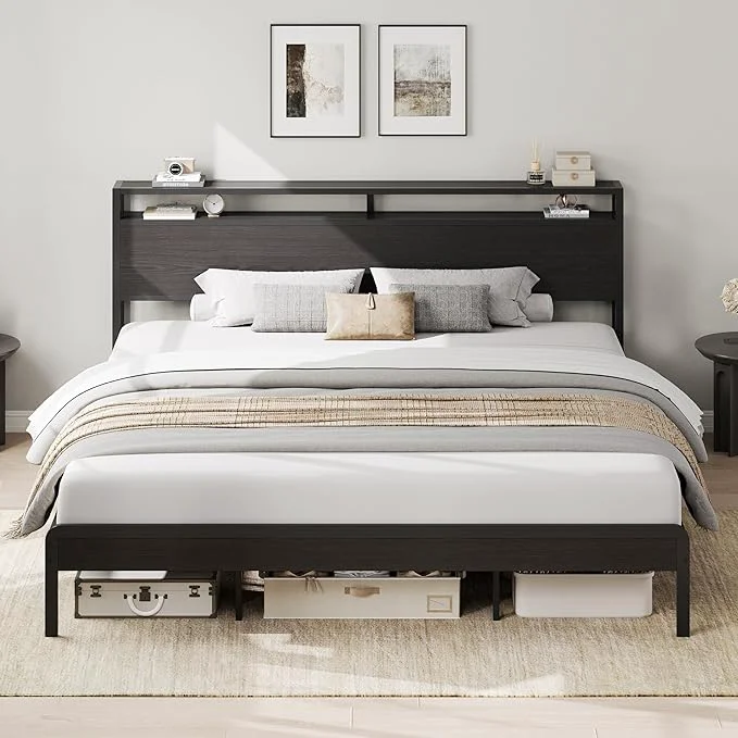 Luxury LIKIMIO California King Bed Frame with Headboard Dark Wood Camas California King with Strong Supports Sturdy Noise- No Box Spring Needed Classic Black Efficient