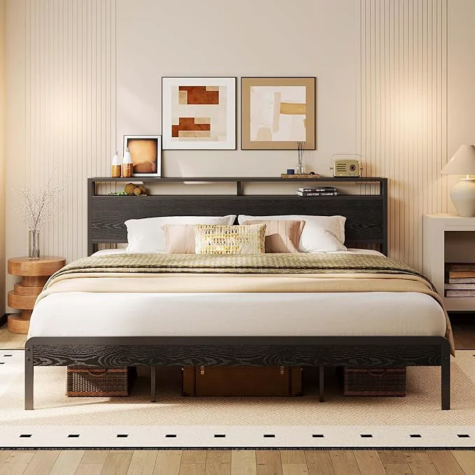 Original LIKIMIO California King Bed Frame with Headboard Dark Wood Camas California King with Strong Supports Sturdy Noise- No Box Spring Needed Black Pure