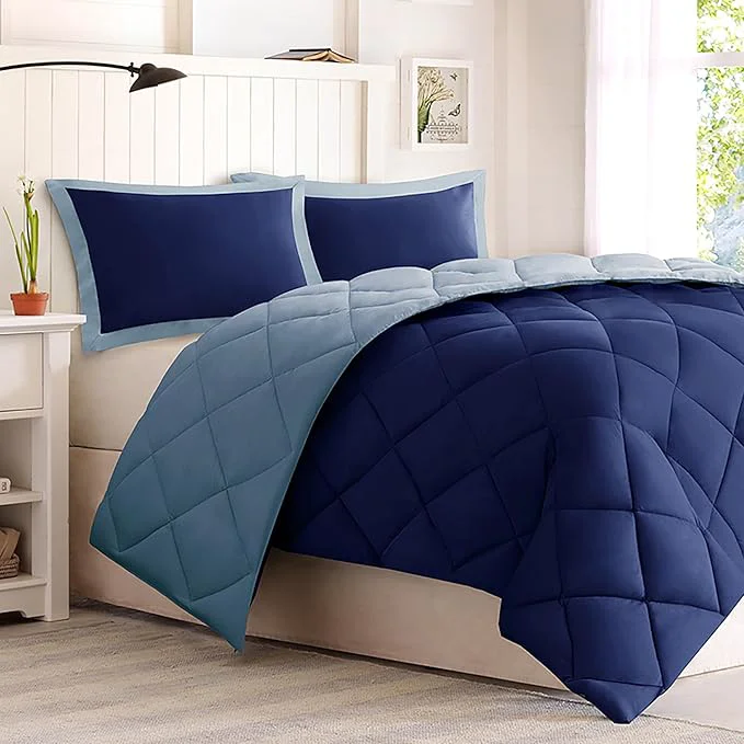 Superior Madison Park Comforter Set Reversible Down All Season Microfiber Bedding 3M Scotchgard Stain Release King Dorm Comforter Navy Light Blue Detailed