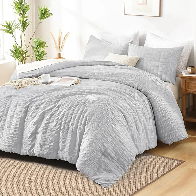 Secure AveLom Seersucker King Comforter Set 104×90 inches 3 Pieces – Soft Washed Microfiber Lightweight with 2 Pillowcases All Season Down for Bedding Light Gray Sophisticated