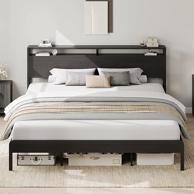 High-Quality LIKIMIO King Bed Frame with Headboard Dark Wood Camas King with Strong Supports Sturdy Noise- No Box Spring Needed Classic Black Refined
