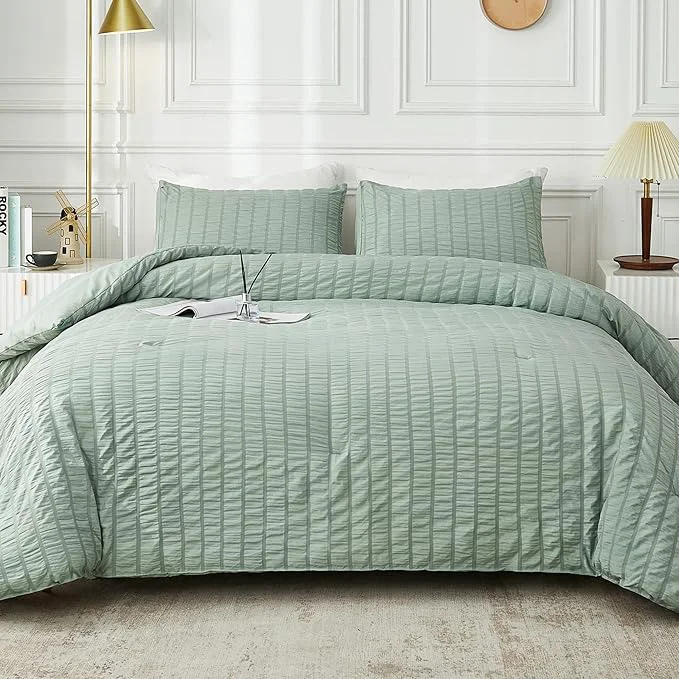 Eco-Friendly AveLom Sage Green Seersucker King Comforter Set 104×90 inches 3 Pieces – Soft Washed Microfiber Lightweight Comforter with 2 Pillowcases All Season Down Comforter Set for Bedding Dependable