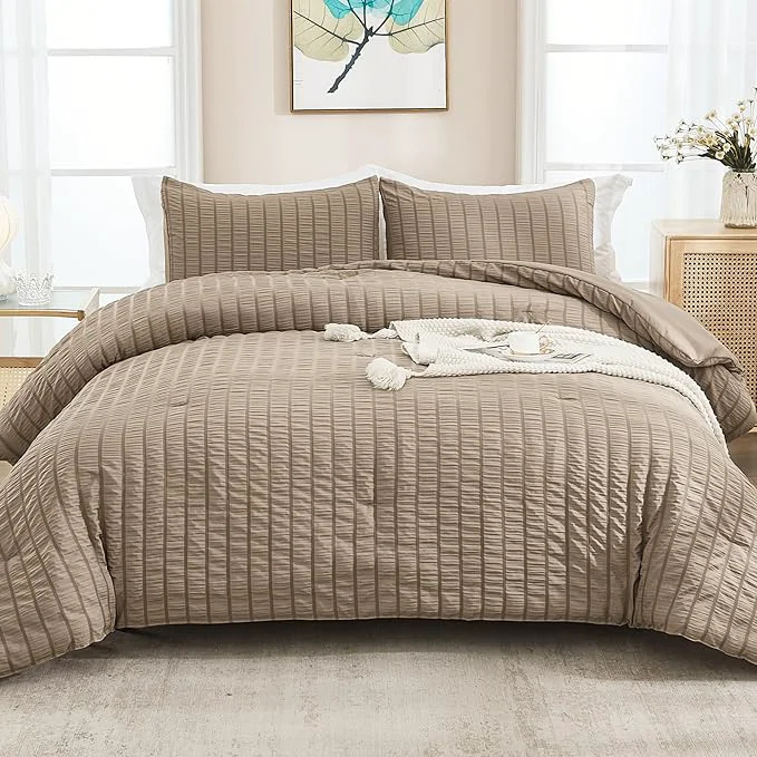 Easy-to-Use AveLom Taupe Seersucker Queen Comforter Set 90×90 inches 3 Pieces- Soft Washed Microfiber Lightweight Comforter with 2 Pillowcases All Season Down Comforter Set for Bedding Dependable