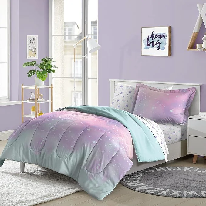 Fine Dream Factory Kids 7-Piece Complete Bed Set Easy-Wash Super Soft Microfiber Comforter Bedding Full Pink Twilight Galaxy Stars Modern