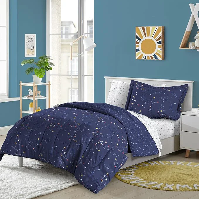 Convenient Dream Factory Kids 5-Piece Complete Bed Set Easy-Wash Super Soft Microfiber Comforter Bedding Twin Navy Blue Zodiac Effective
