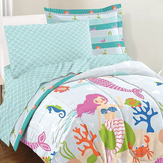 Excellent dream FACTORY Kids 7-Piece Complete Set Easy-Wash Super Soft Microfiber Comforter Bedding Full Light Blue Mermaid Dreams Solid