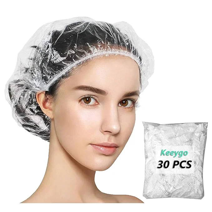 Premium Material Keeygo Disposable Shower Caps 30 PCS Bath Caps Clear Waterproof Plastic Wraps First-Class