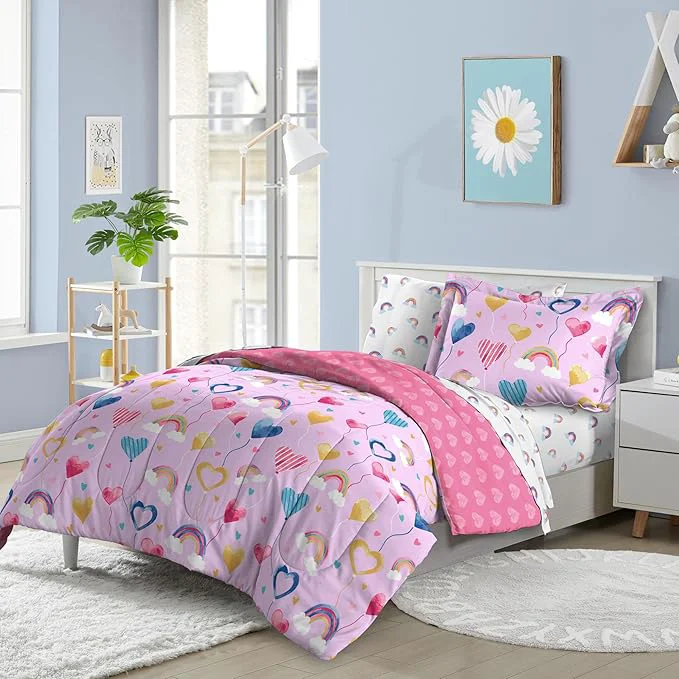 Healthy Dream Factory Kids 7-Piece Complete Bed Set Easy-Wash Super Soft Microfiber Comforter Bedding Full Lilac Balloon Hearts Elegant