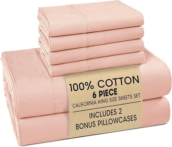 Outstanding Casa Platino Cotton Cal King Size Sheets Set – 6 Piece Crisp Percale Cal King Size Cooling Sheets Lightweight for Summer with 15 quot Deep Pocket Fitted Sheet Comfortable Sleep – Veiled Rose Refined