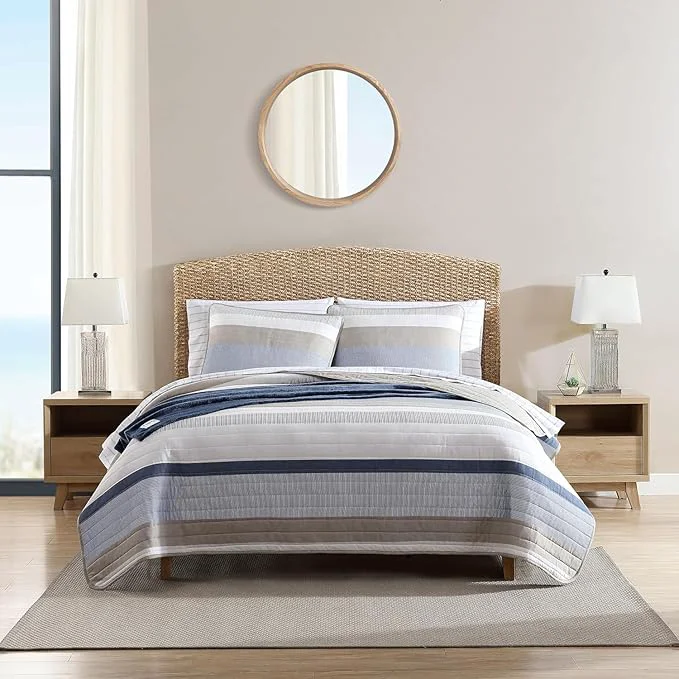 Advanced Nautica – King Quilt Set Soft Cotton Bedding with a Medium Weight Feel Reversible 3 Piece Bed Set with Matching Pillowcases Galewood Blue Beige