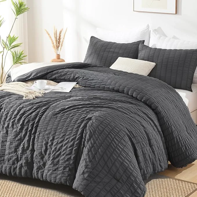 Green AveLom Seersucker King Comforter Set 104×90 inches 3 Pieces – Soft Washed Microfiber Lightweight Comforter with 2 Pillowcases All Season Down Comforter Set for Bedding Gray Genuine