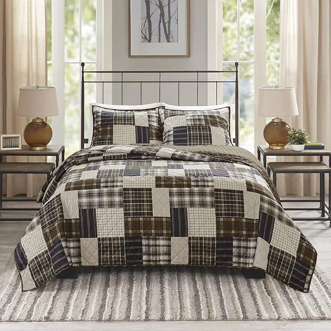 Artisan Madison Park Reversible Quilt Cabin Lifestyle Plaid Design – All Season Breathable Coverlet Bedspread Bedding Set Matching Shams Timber Black Brown Full Queen 90 quot x90 quot 3 Piece Classic