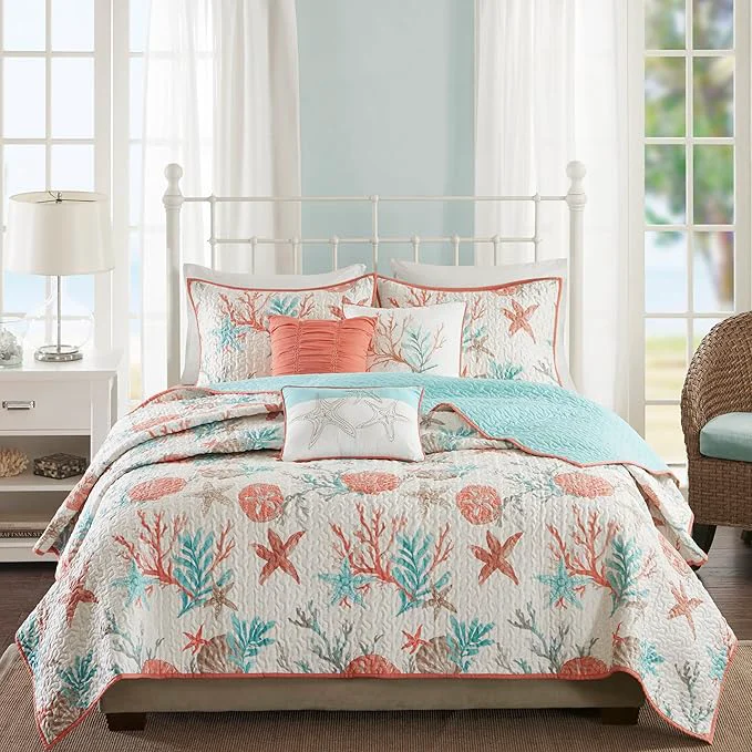 Breathable Madison Park Quilt Set Cottage Coastal Design Starfish Print – All Season Coverlet Bedspread Lightweight Bedding Layer Shams Toss Pillows Full Queen 90 quot x90 quot Pebble Beach Coral 6 Piece Practical