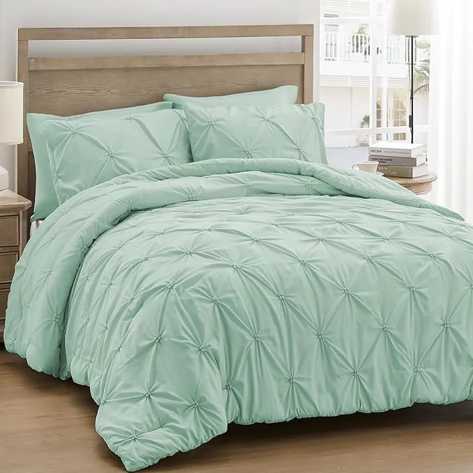 Premium Material UNIKOME King Size Comforter Set Sage Green – Ultra Soft Boho Pintuck Down Bedding Set for All Seasons 3 Pieces Lightweight Warm Pinch Pleat Bed Set with Comforter 2 Pillowcases Luxury