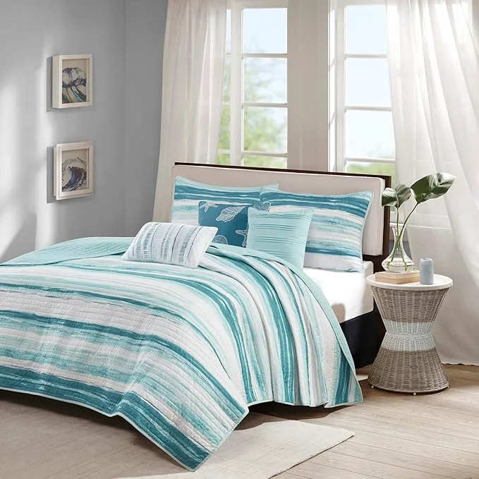 Organic Madison Park Quilt Set Cottage Coastal Design 6 Piece Set – All Season Coverlet Bedspread Lightweight Bedding Layer Shams Toss Pillows Full Queen 90 in x 90 in Aqua White Durable
