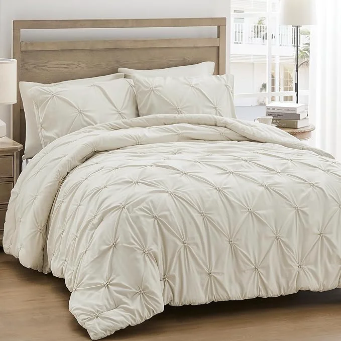 Smart UNIKOME King Size Comforter Set Beige – Ultra Soft Boho Pintuck Cream Down Bedding Set for All Seasons 3 Pieces Lightweight Warm Pinch Pleat Bed Set with Comforter 2 Pillowcases Refined