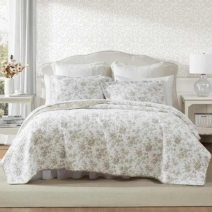 Enhanced Laura Ashley – Twin Quilt Set Reversible Floral Cotton Bedding with Matching Sham Home Decor for All Seasons Walled Garden Brown Twin Stylish