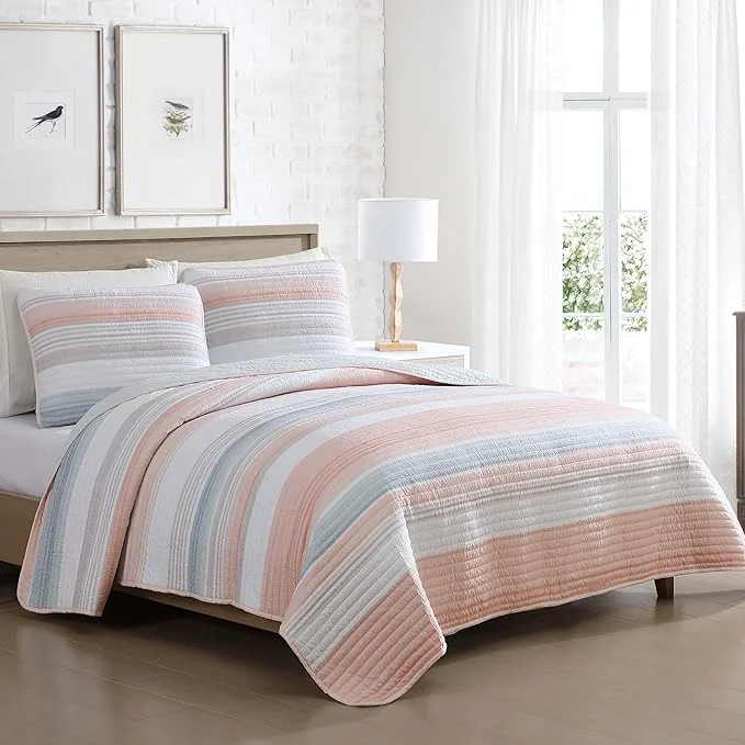 Easy-to-Use Beatrice Home Fashions Coralinn Striped 3-Piece Quilt Set Lightweight All-Seasons Full Queen Blush Detailed