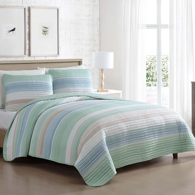 Official Beatrice Home Fashions Coralinn Striped 3-Piece Quilt Set Lightweight All-Seasons King Sage Blue Advanced