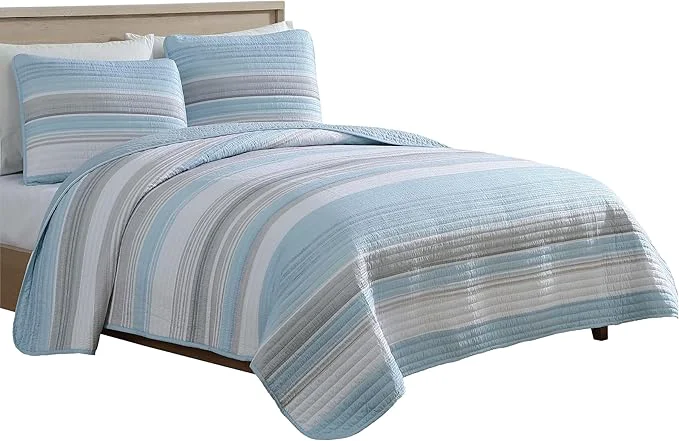 Original Design Beatrice Home Fashions Coralinn Striped 3-Piece Quilt Set Lightweight All-Seasons Full Queen Blue Gray Effective