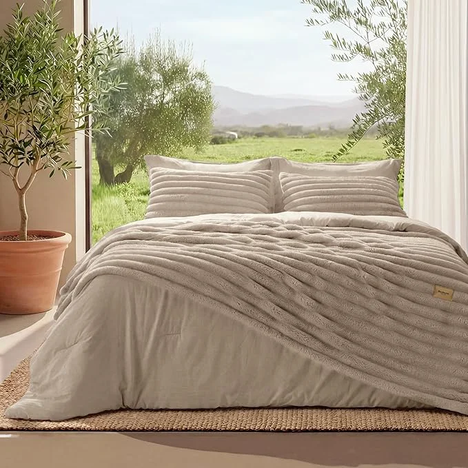 Eco-Friendly Bedsure Gentlesoft™ 2-in-1 Oversized King Comforter Set and Detachable Fluffy Blanket Beige Bedding Set for All Season Use SnapTech Design for Space Saving Includes 2 Pillow Shams 2 Pillowcases Pure