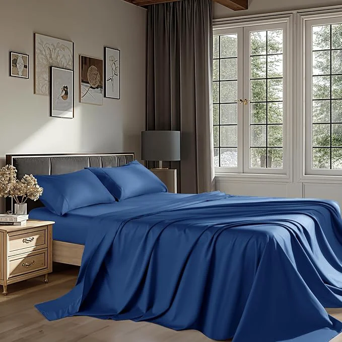 Refined Egyptian Cotton Sheets 1200 Thread Count Full Size Bedding Sets 4 Pcs Fitted Sheet Up to 16 quot Deep Breathable All Seasons Full Navy Blue Exceptional