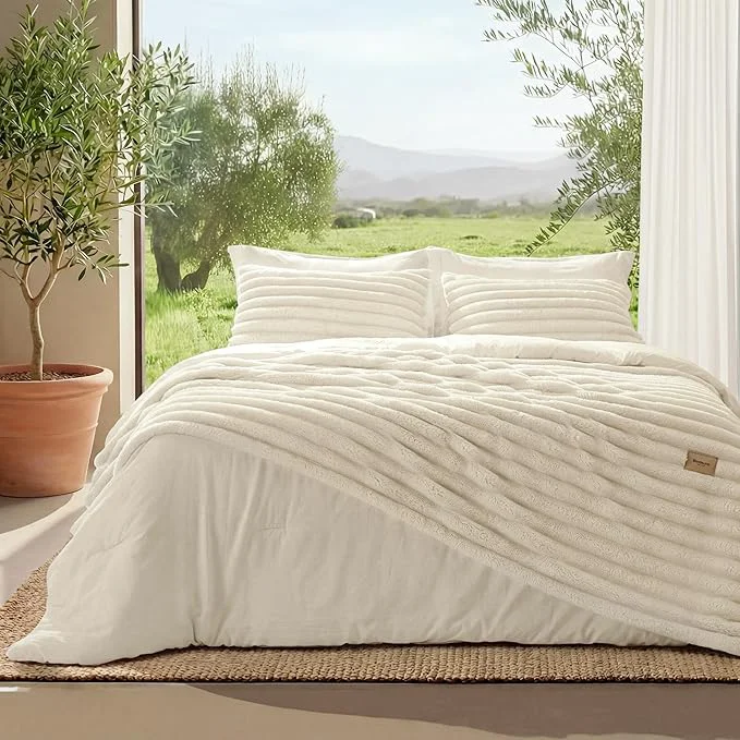 Fine Bedsure Gentlesoft 2-in-1 Queen Comforter Set and Detachable Fluffy Blanket Cream White Bedding Set for All Season Use SnapTech Design for Space Saving Includes 2 Pillow Shams 2 Pillowcases Pure