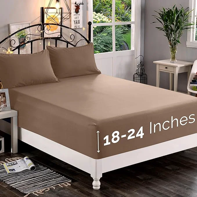 First-Class Elegant Comfort 1500 Premium Quality Fitted Sheet Ultra Soft 18-24 Inch Extra Deep Pocket – Single Fitted Sheet for High Mattress – Wrinkle with Smart Storage Pockets California King Taupe Artisan