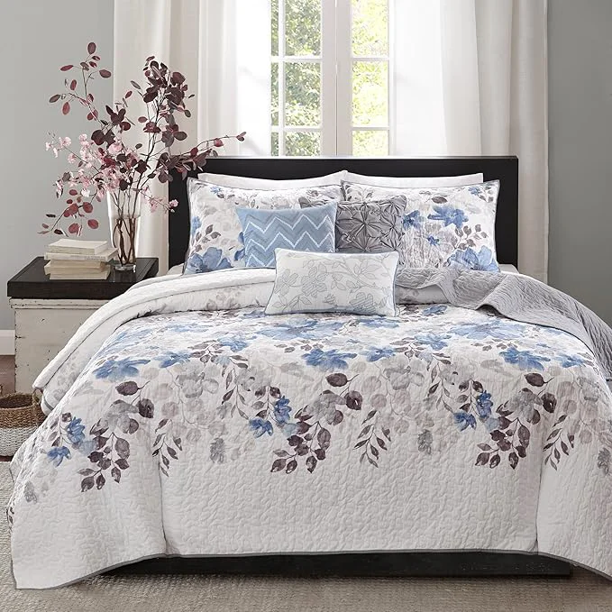 Sophisticated Madison Park Luna Quilt Modern Classic Design All Season Breathable Coverlet Lightweight Bedding Set Matching Shams Decorative Pillow King Cal King 104 quot x94 quot Floral Blue 6 Piece Healthy