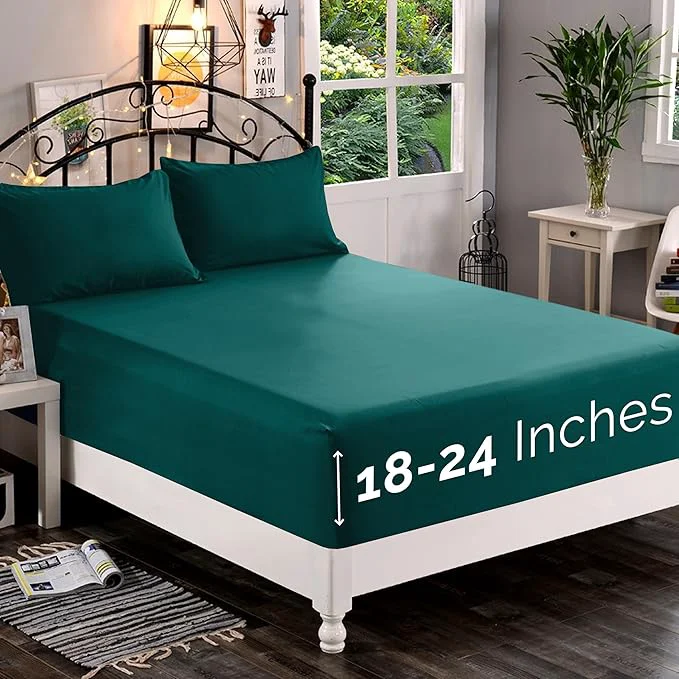 Reliable Elegant Comfort 1500 Premium Quality Fitted Sheet Ultra Soft 18-24 Inch Extra Deep Pocket – Single Fitted Sheet for High Mattress – Wrinkle with Smart Storage Pockets Queen Marine Teal Expertly Made