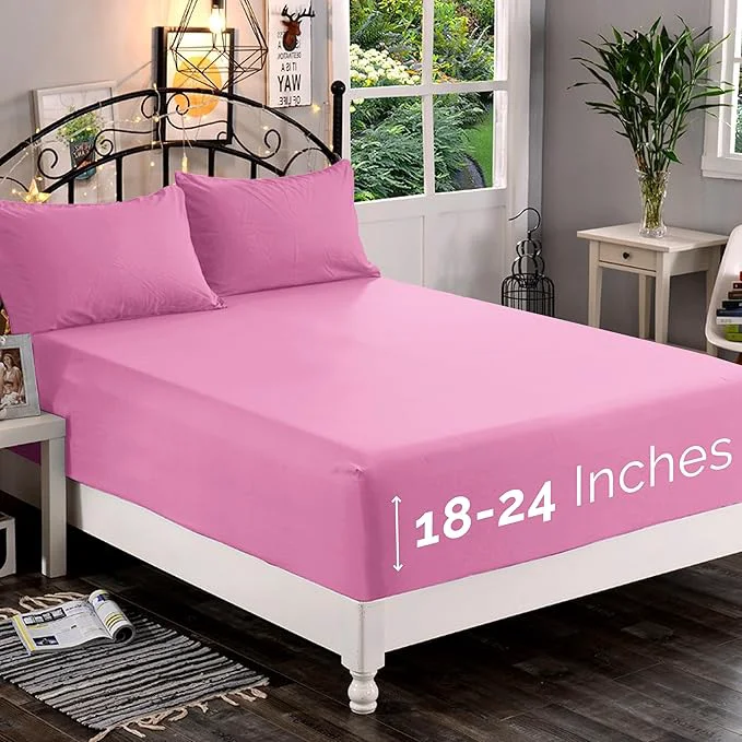 Pure Elegant Comfort 1500 Premium Quality Fitted Sheet Ultra Soft 18-24 Inch Extra Deep Pocket – Single Fitted Sheet for High Mattress – Wrinkle with Smart Storage Pockets Full Light Pink Fast