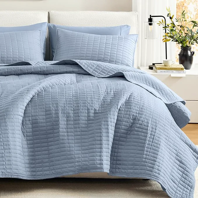 Sophisticated Comfort Spaces Kienna Quilt Set- Double Sided Stitching Design Summer Blanket Lightweight Soft All Season Bedding Layer Matching Sham Blue Coverlet King 104 quot x90 quot 3 Piece Functional