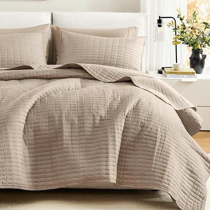 Comfort Spaces Kienna Quilt Set- Double Sided Stitching Design Summer Blanket Lightweight Soft All Season Bedding Layer Matching Sham Taupe Coverlet Full Queen 90 quot x90 quot 3 Piece Unique