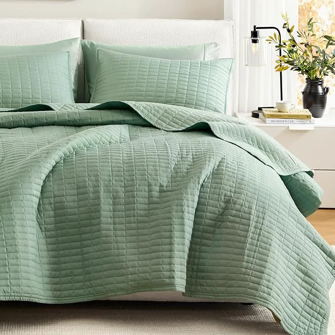 Effective Comfort Spaces Kienna Quilt Set- Double Sided Stitching Design Summer Blanket Lightweight Soft All Season Bedding Layer Matching Sham Sage Green Coverlet King 104 quot x90 quot 3 Piece Official