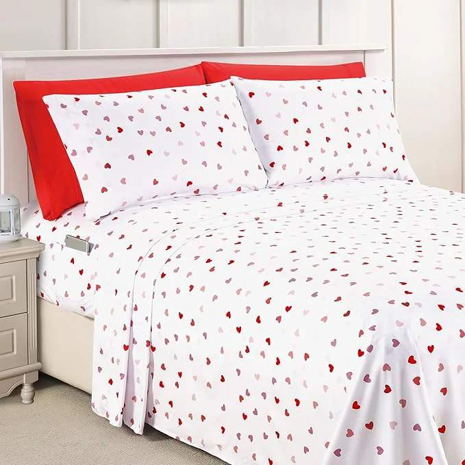Carefully Designed Elegant Comfort Softest and Coziest 6-Piece Sheet Set – 1500 Premium Hotel Quality Microfiber – Deep Pocket Wrinkle Resistant 4-Piece Heart Pattern Bed Sheet Set Twin Valentina Original Design