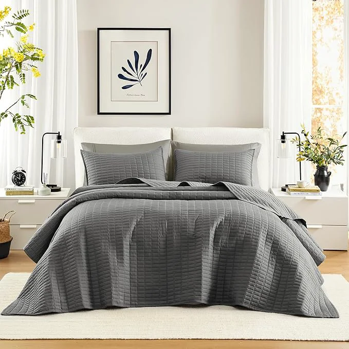 Specialty Comfort Spaces Charcoal Oversized King Quilt Set 120 quot x118 quot Bedspread Quilted Summer Lightweight Microfiber Bedding Coverlet with Double Sided Stitching Soft All Season Cozy 3 Piece with Matching Shams Outstanding