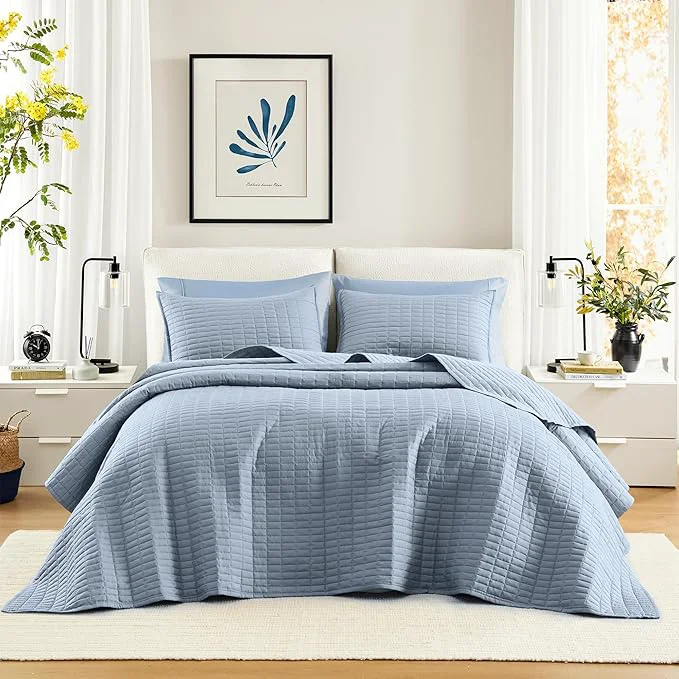 Healthy Comfort Spaces Blue Oversized Queen Quilt Set 102 quot x118 quot Bedspread Quilted Summer Lightweight Microfiber Bedding Coverlet with Double Sided Stitching Soft All Season Cozy 3 Piece with Matching Shams Clean