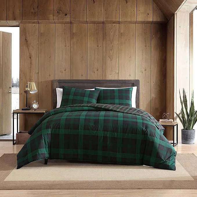 Eddie Bauer – King Comforter Set Cotton Reversible Bedding with Matching Shams Stylish Plaid Home Decor Woodland Tartan Green King Soft