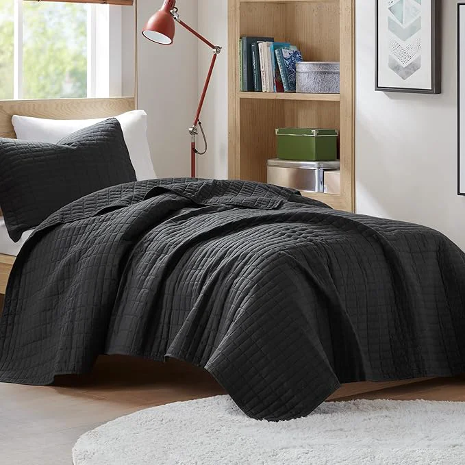 Trendy Comfort Spaces Kienna Quilt Set-Luxury Double Sided Stitching Design Summer Blanket Lightweight Soft All Season Bedding Layer Matching Sham Black Coverlet Twin Twin XL 66 quot x90 quot 2 Piece Specialty