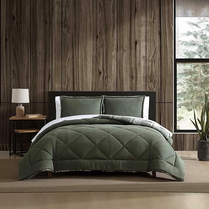 Smart Eddie Bauer – Twin Comforter Set Microsuede Bedding with Soft Plush Faux Shearling Reverse 2 Piece Bed Set with Matching Pillowcase Big Lake Plaid Green Stylish