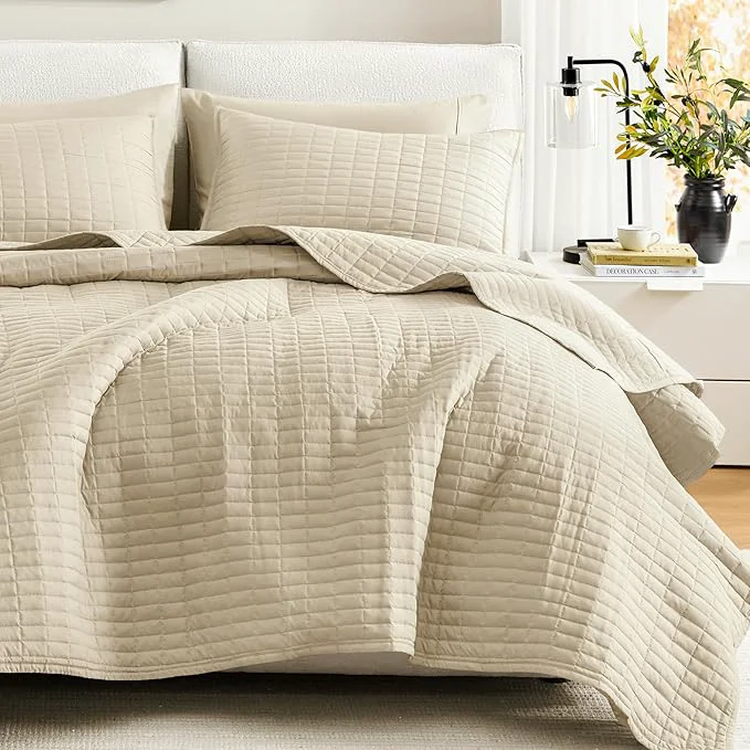 Carefully Designed Comfort Spaces Kienna Quilt Set- Double Sided Stitching Design Summer Blanket Lightweight Soft All Season Bedding Layer Matching Sham Ivory Coverlet King 104 quot x90 quot 3 Piece Durable