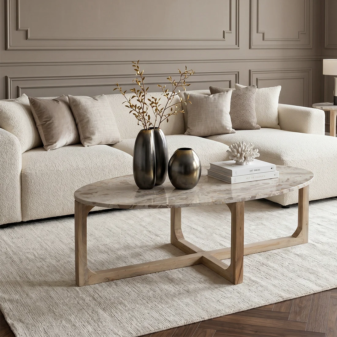 Quality Marble coffee table oval cream Artisan