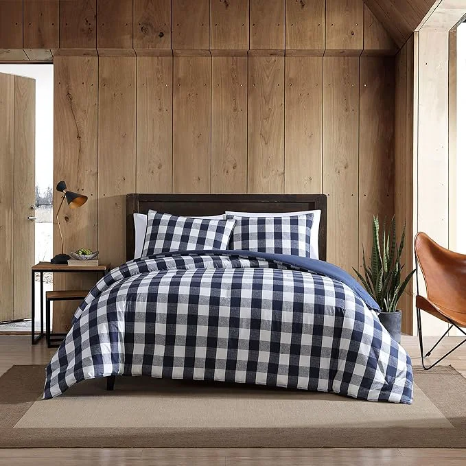 Pure Eddie Bauer – King Comforter Set Reversible Cotton Bedding with Matching Shams Stylish Plaid Home Decor Lakehouse Blue King Sustainable