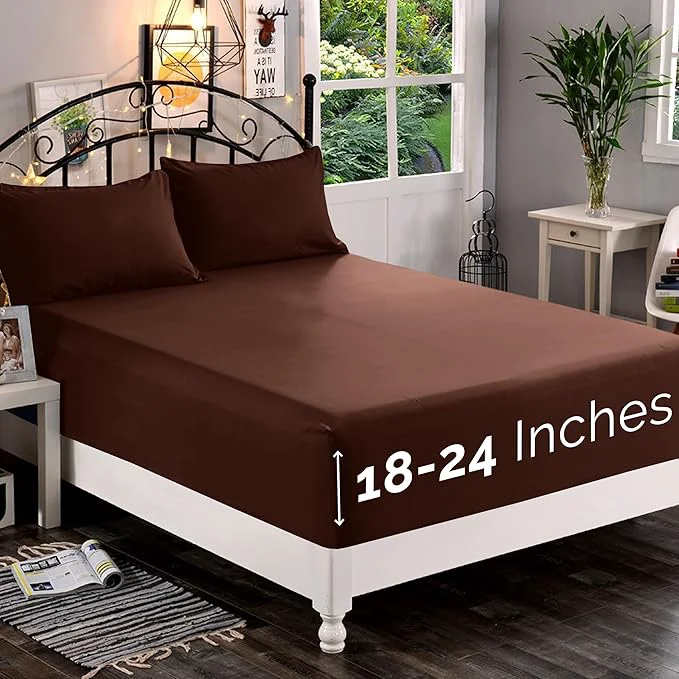 Elegant Comfort 1500 Premium Quality Fitted Sheet Ultra Soft 18-24 Inch Extra Deep Pocket – Single Fitted Sheet for High Mattress – Wrinkle with Smart Storage Pockets Twin Twin XL Chocolate Prestigious
