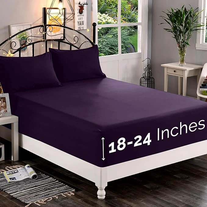 Authentic Elegant Comfort 1500 Premium Quality Fitted Sheet Ultra Soft 18-24 Inch Extra Deep Pocket – Single Fitted Sheet for High Mattress – Wrinkle with Smart Storage Pockets Queen Eggplant-Purple Certified