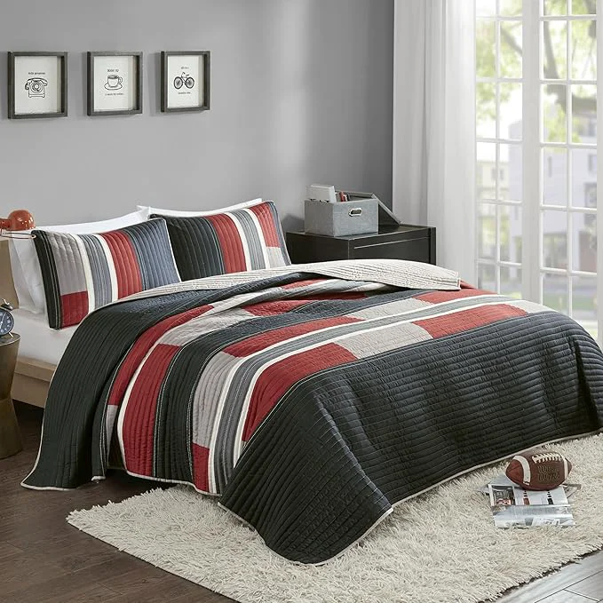 Green Comfort Spaces CS14-0864 3 Piece Quilt Coverlet Bedspread All Season Lightweight Hypoallergenic Pipeline Colorblock Kids Bedding Set Full Queen Pierre Black Red Stripe Verified
