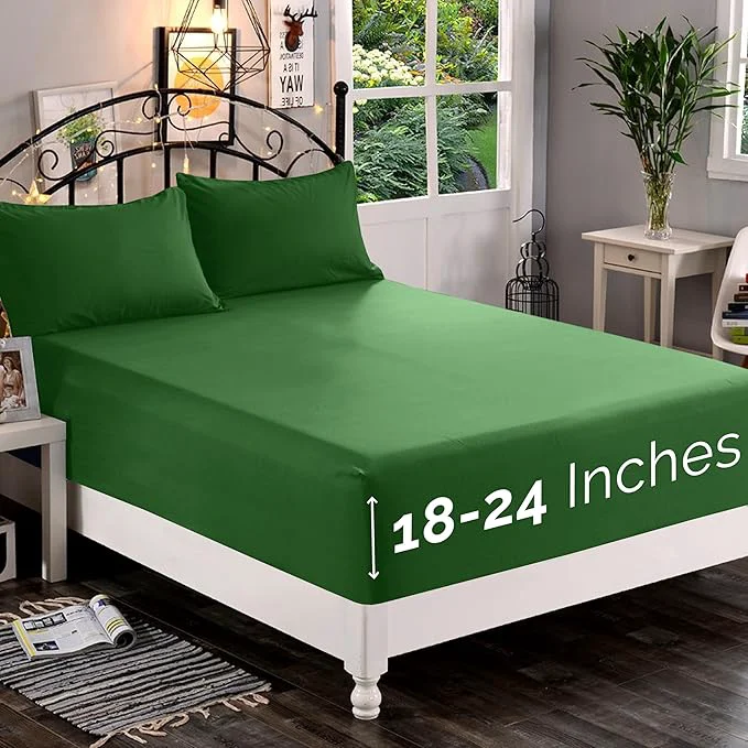 First-Class Elegant Comfort 1500 Premium Quality Fitted Sheet Ultra Soft 18-24 Inch Extra Deep Pocket – Single Fitted Sheet for High Mattress – Wrinkle with Smart Storage Pockets Cal King Hunter Green Original
