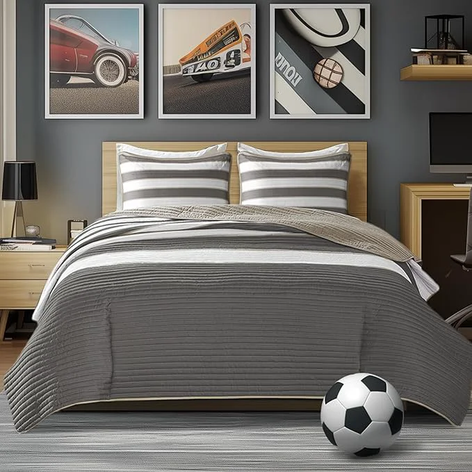 First-Class Comfort Spaces Queen Quilt Set Trendy Casual Fun Vibrant Color Stripes Design All Season Lightweight Coverlet Bedspread Queen Size Bedding amp Shams Verone Full Queen Grey 3 Piece Natural